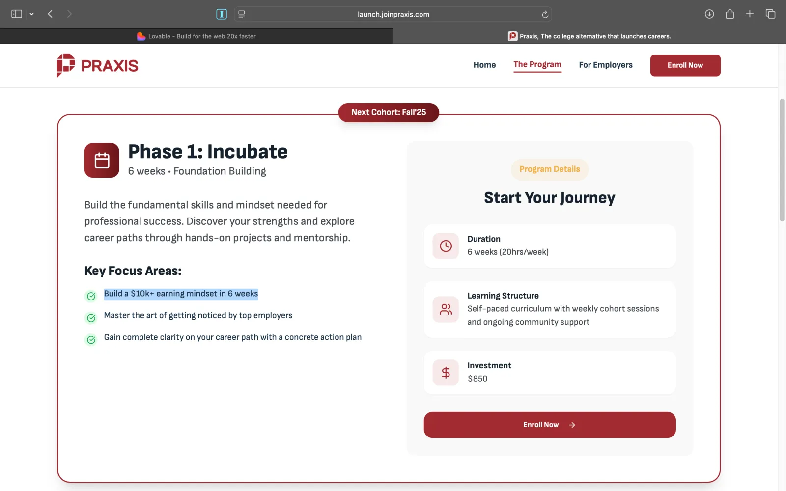 Praxis program page built by Waris Hussain on the stopgap site, carrying the full enrolment path