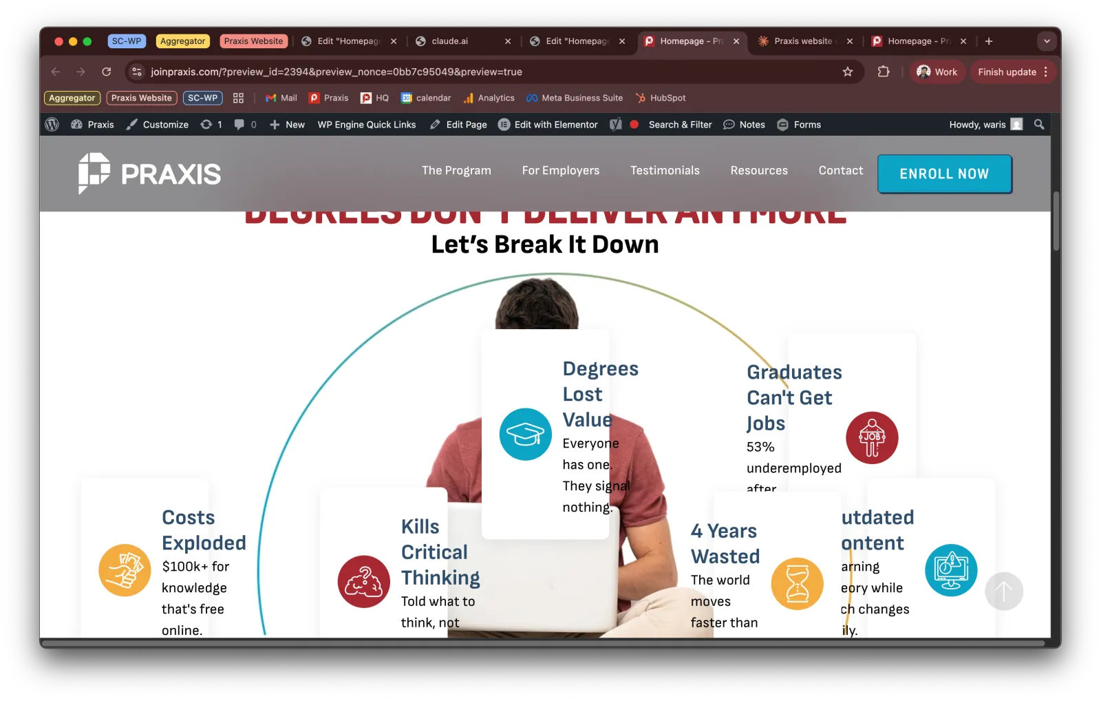 Praxis page section arriving with overlapping cards and headings on desktop, before Waris Hussain repaired the layout