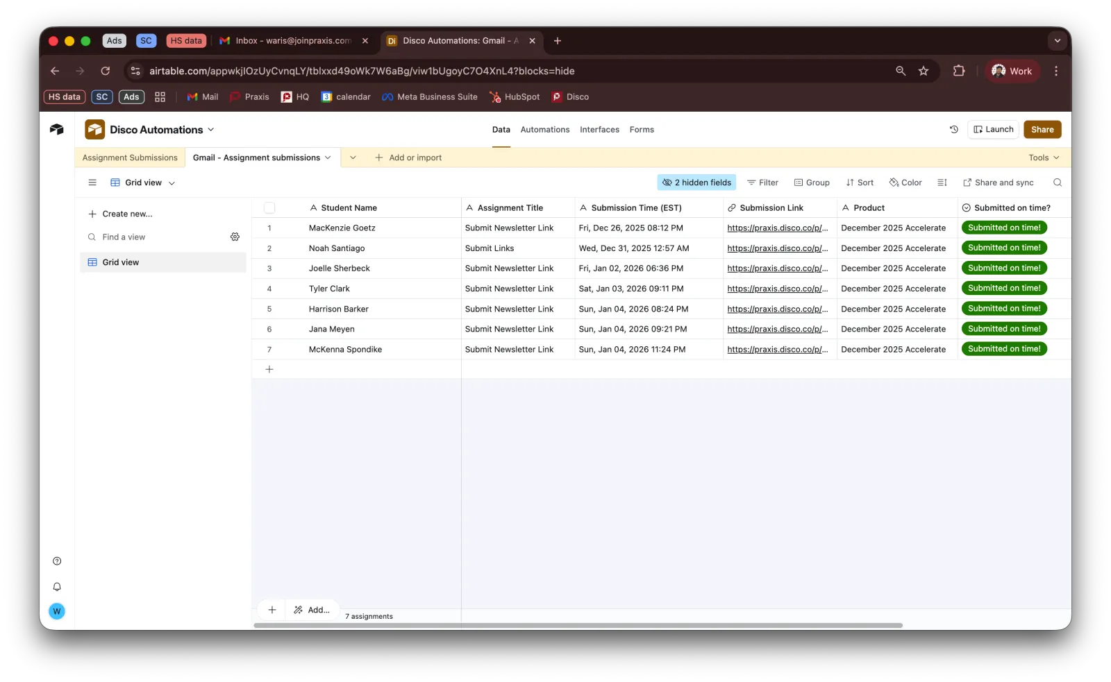 Airtable reporting base built by Waris Hussain to track Praxis student performance over time