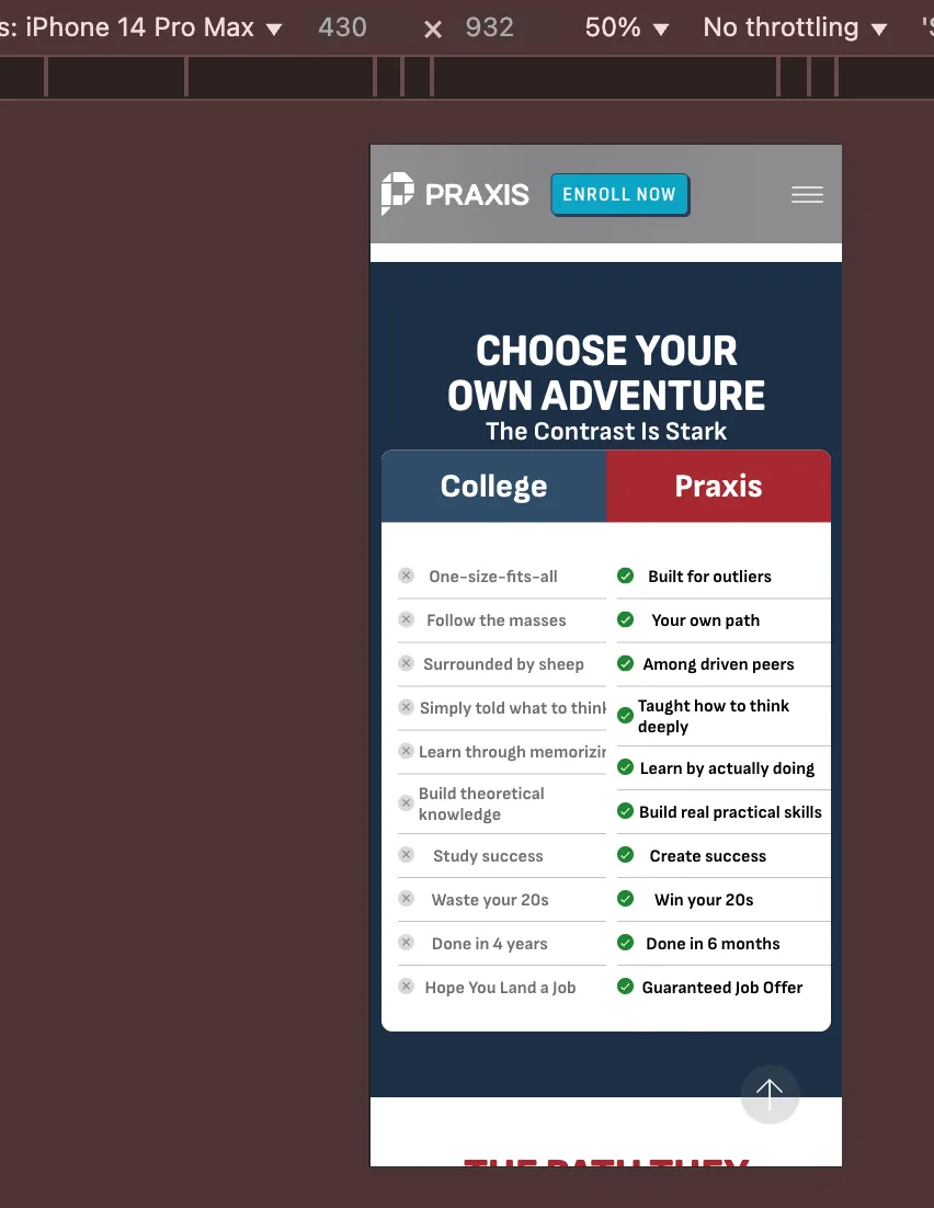 The Praxis comparison table stacking correctly on mobile after Waris Hussain's fix