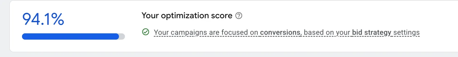 Google rating the Praxis ads account built by Waris Hussain at 94.1 percent optimization