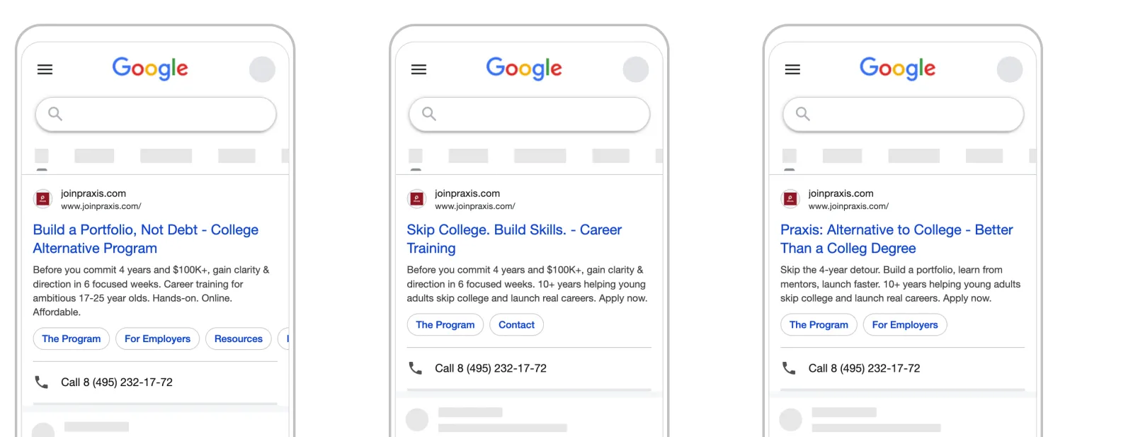 Google search ads written by Waris Hussain for Praxis, rated Excellent for ad strength