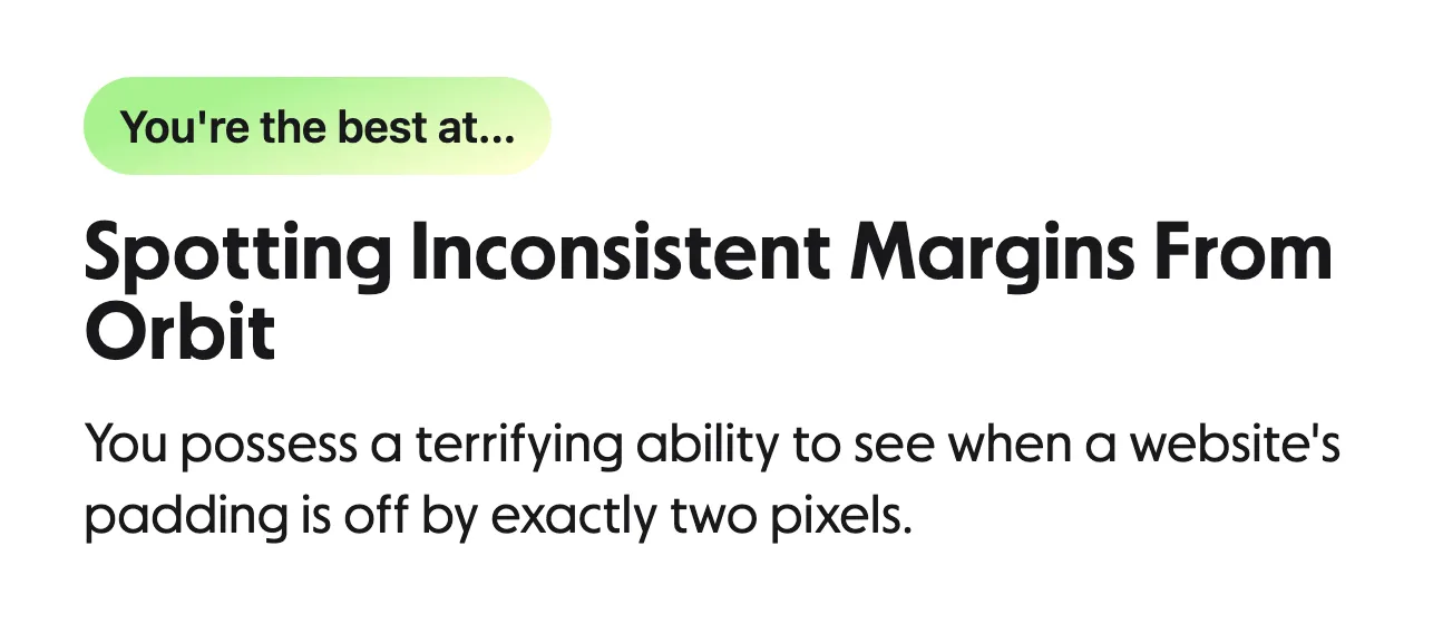 Granola year-end wrap card on Waris Hussain spotting inconsistent margins on a Praxis website from orbit
