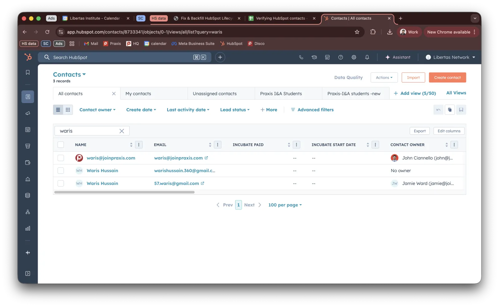 HubSpot contacts at Praxis showing three identical records with three different owners, the data problem Waris Hussain found and fixed