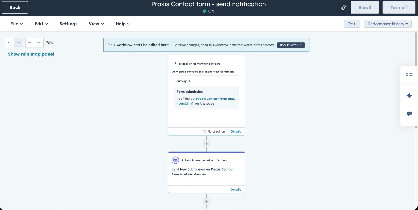 HubSpot lifecycle workflow built by Waris Hussain to route Praxis contacts to the right follow-up automatically