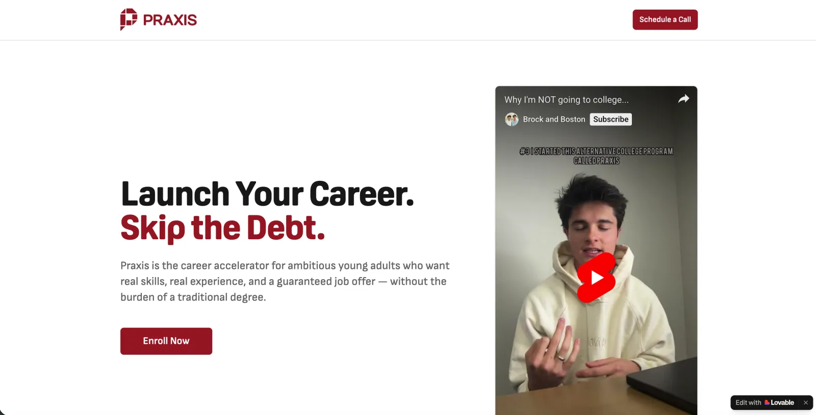 Campaign specific Praxis landing page custom coded by marketer Waris Hussain instead of buying a landing page platform
