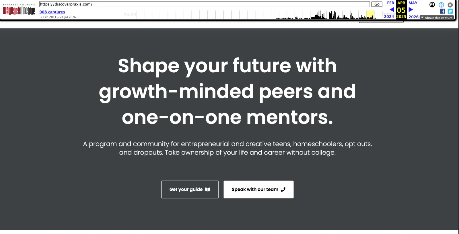 The inherited discoverpraxis.com homepage in April 2025, before Waris Hussain shipped a replacement