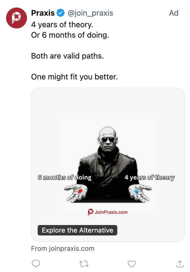 X ad by Praxis marketer Waris Hussain contrasting four years of theory with six months of doing